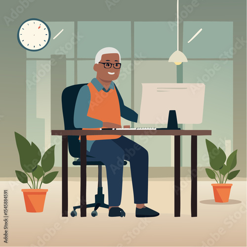 Senior man using computer at desk, vector illustration