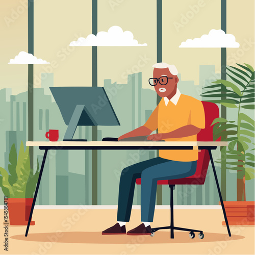 Senior man using computer at desk, vector illustration