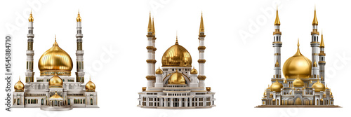 Set of a mosque with golden dome and minarets, isolated on a transparent background.