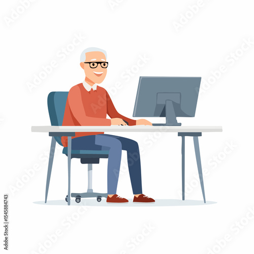 Senior man using computer at desk, vector illustration