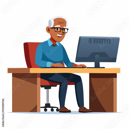 Senior man using computer at desk, vector illustration
