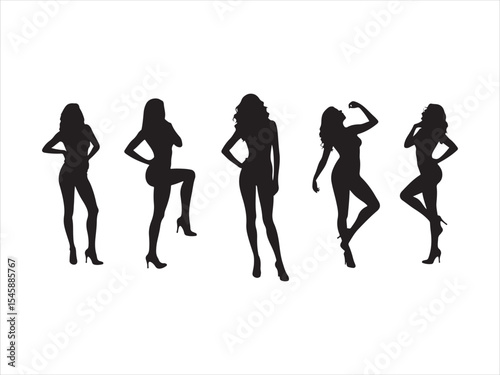 Silhouettes of five elegant women posing in stylish and sensual attitudes on white background