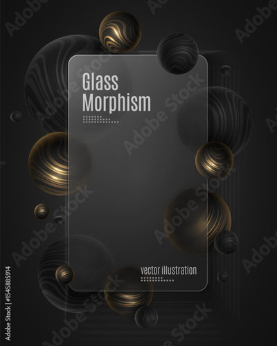 Realistic glass morphism effect and decorative 3D spheres textured with golden striped wavy pattern on black background. Elegant card design for product display or digital interfaces. Vector.