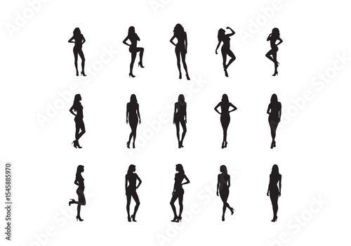 Silhouettes of various female poses depicting fashionable figures on a white background