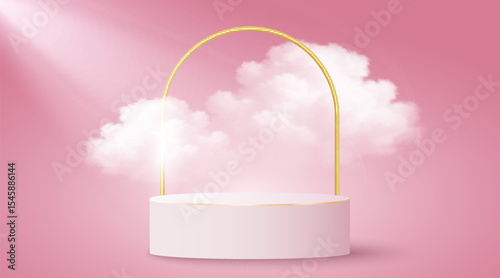 3D podium scene with elegant round platforms and a golden arc against pink backdrop with soft light effect and realistic, fluffy clouds. Design for product presentation, sale or branding. Vector.