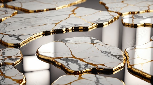 Kintsugi Marble Slabs with Gold Veins, Abstract Art Background