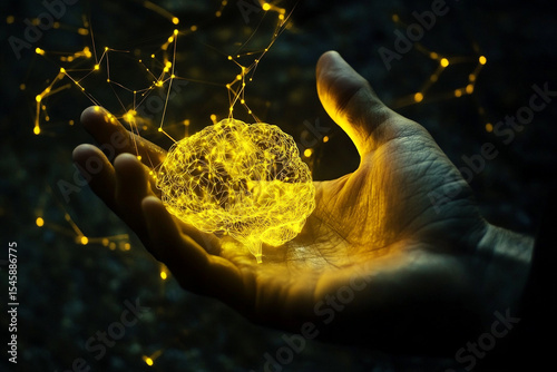 Glowing brain held in a hand neural network connections