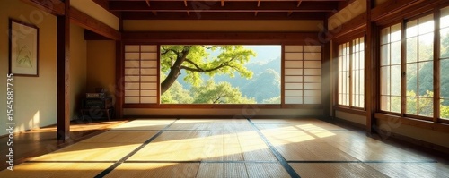 Serene dojo interior, tatami mats, traditional decor, simple, tatami