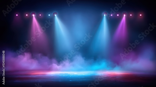 Colorful stage lights shine through mist and smoke, illuminating an empty performance space with dramatic blue, pink, and purple hues