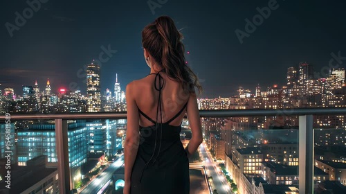 Woman in black dress and heels gazes over city at night
