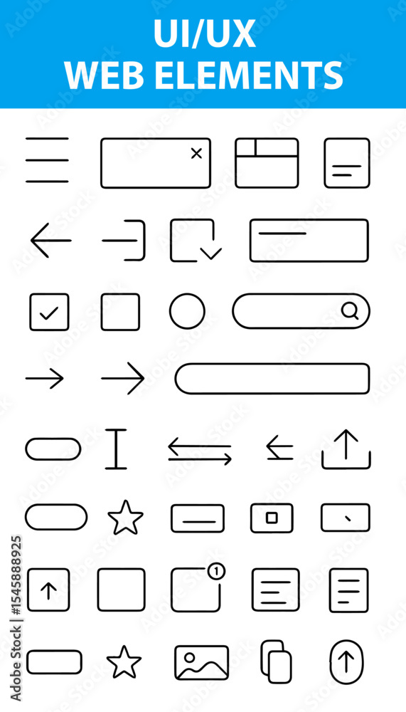 UI/UX Web Elements Line Icons, Button, Menu, Slider, Grid, Form, Toggle, Search, Wireframe, Cursor, grid layout, dropdown, cursor, progress bar, popup, checkbox, card layout, scroll bar, and wirefram UI/UX Web Elements Line Icons, Button, Menu, Slider, Grid, Form, Toggle, Search, Wireframe, Cursor, grid layout, dropdown, cursor, progress bar, popup, checkbox, card layout, scroll bar, and wirefram
