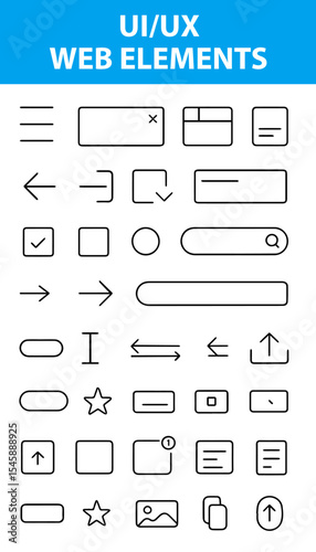 UI/UX Web Elements Line Icons,  Button, Menu, Slider, Grid, Form, Toggle, Search, Wireframe, Cursor, grid layout, dropdown, cursor, progress bar, popup, checkbox, card layout, scroll bar, and wirefram