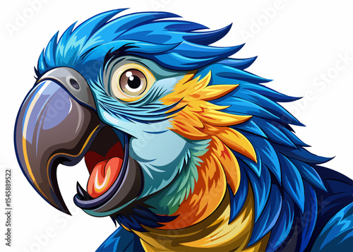 excited parrot with open beak and bright eyes vector perfect for tropical designs, fun animal prints, children’s books, or decor themes