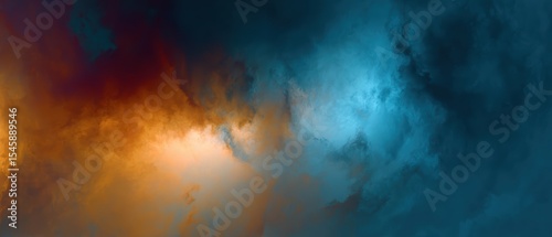 Abstract image of swirling orange and blue clouds blending together in a dramatic, atmospheric sky