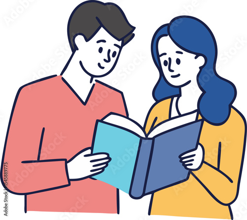 Man and Woman Reading a Book – Shared Learning, Quiet Time, and Educational Activity Illustration

