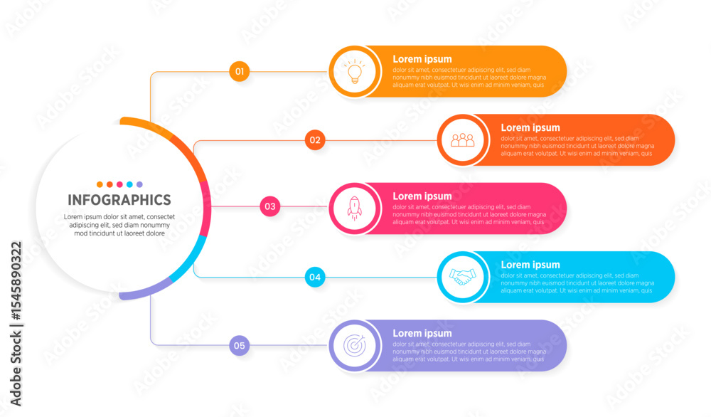 Fototapeta premium Modern Vector infographic label design with circle infographic template design and 5 options or steps. Can be used for process diagram, presentations, workflow layout, banner, flow chart, info graph.
