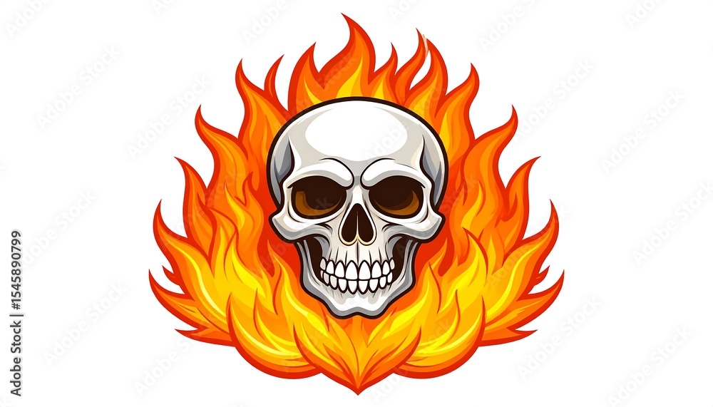 Fototapeta premium Skull engulfed in flames on a white background.
