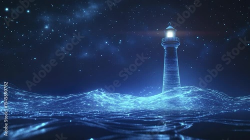 Illuminated lighthouse standing on wavy ocean under starry night sky.