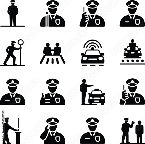 Police Officer Silhouette Icon Set – 16 Law Enforcement Actions for Public Safety Graphics
