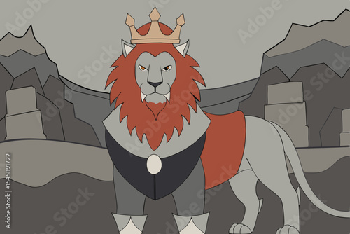 Powerful Armored Lion with Crown in Blue Sky Setting
