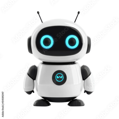 Cute White Robot Character 3D Rendering Digital Art Futuristic Black and on transparent background