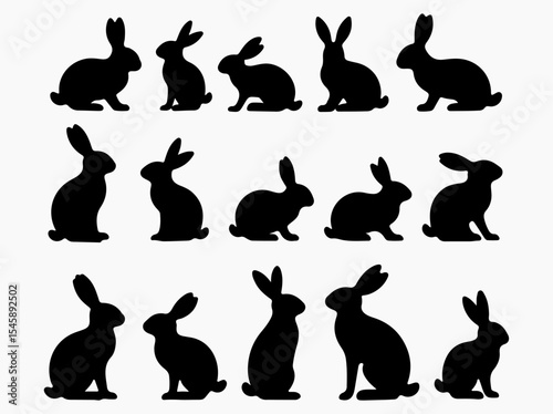 Collection of Black Rabbit Silhouettes on White Background for Easter and Spring