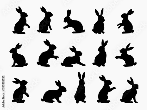 Fifteen Black Rabbit Silhouettes in Various Poses on a White Background