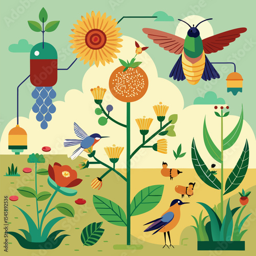 Pollination Strategies – Researching Diverse Pollinators, Plant Reproduction, and Ecological Balance Illustration
