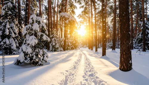 Snow covered forest path with sun.