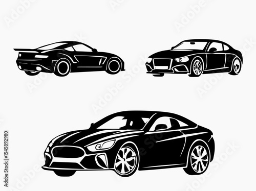 Black and White Car Silhouettes Sporty Coupe Designs on a White Background