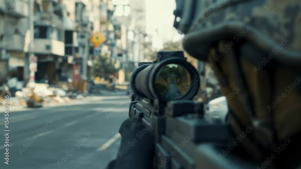 Urban sniper aiming rifle in damaged cityscape tactical surveillance in ...