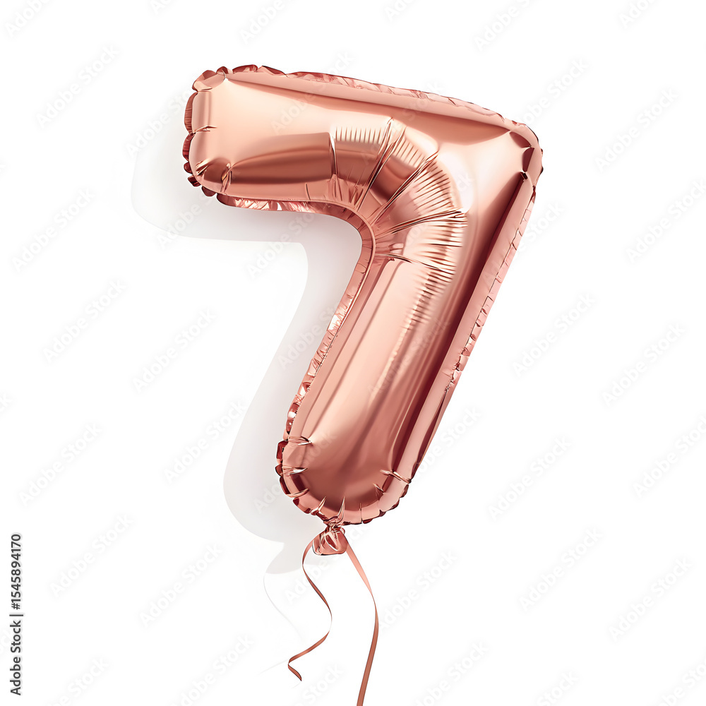 A balloon shaped like the number 7 ,rose gold metallic finish with realistic reflections and smooth texture. A balloon shaped like the number 7 ,rose gold metallic finish with realistic reflections and smooth texture.