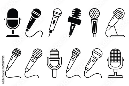 Flat Voice and Recording Studio Icons Set with Retro Microphone Logos

