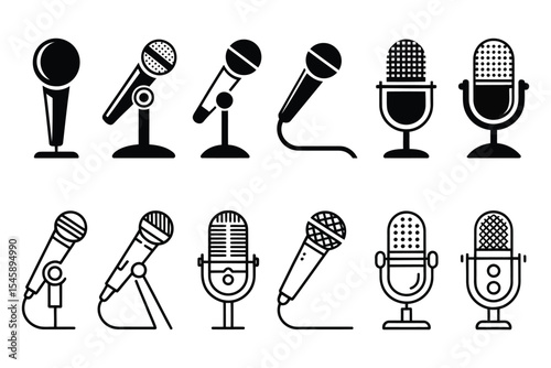 Flat Voice and Recording Studio Icons Set with Retro Microphone Logos

