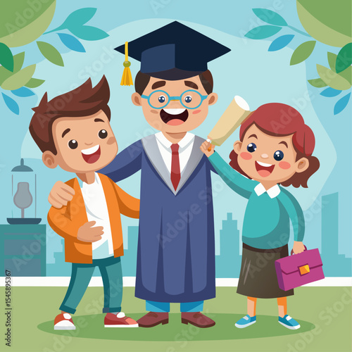 Proud Family Congratulating the Graduate – Celebration, Achievement, and Graduation Ceremony Illustration
