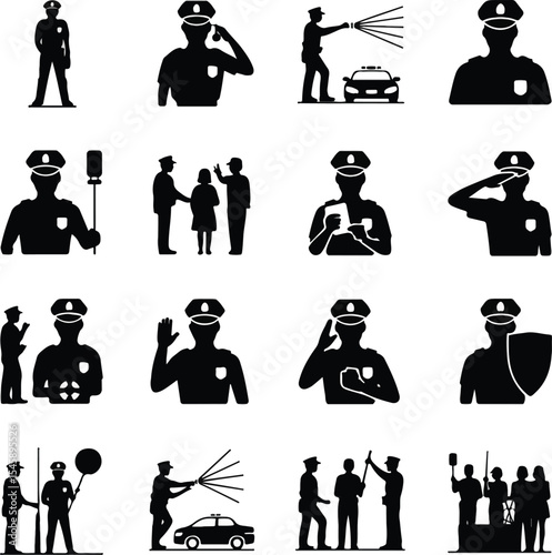 Set of 16 Police Officer Silhouettes – Ideal for Safety Campaigns & Civic Apps
