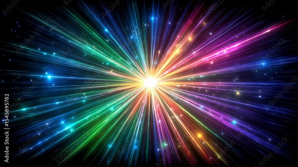 Naklejka premium Radiant burst of multicolored light rays emanating from a central point.
