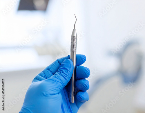 A gloved hand holds a dental scaler in a dentist's office.