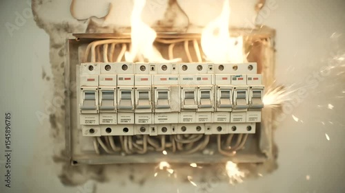 Electrical Panel Fire Hazard with Flames and Sparks
