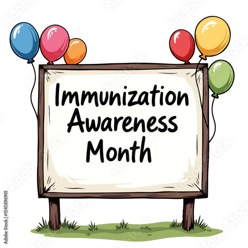Community billboard promoting Immunization Awareness Month. Colorful balloons decorate this immunization awareness month announcement.