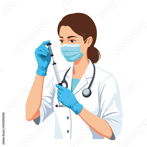 Healthcare worker preparing syringe. Doctor in mask and gloves assembling medical injection.  Image perfect for National Immunization Awareness Month campaign materials.