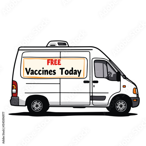 Mobile clinic van offering free vaccines today.  Vaccination van parked outside with banner advertising free vaccines.
