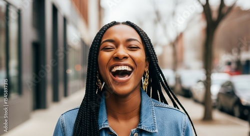 Black Woman with Braids Laughing Freely in City Street