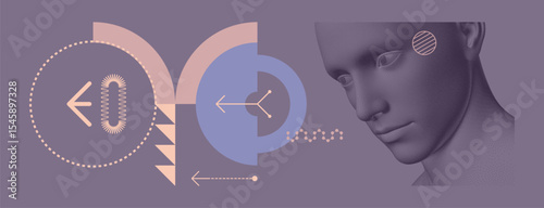 Discovery, studying and learning concept. Time to think. Man scientist thinking. Art composition. Geometrical background. Digital human head constructing from dots. Cover design template. Vector.