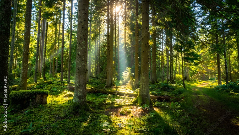 Obraz premium Sunlit path through lush green mossy forest