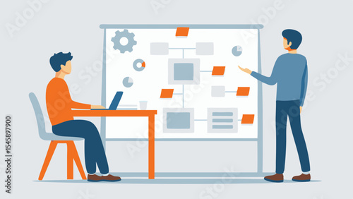 Business meeting with presentation of project strategy and workflow optimization team collaboration and brainstorming session in the office