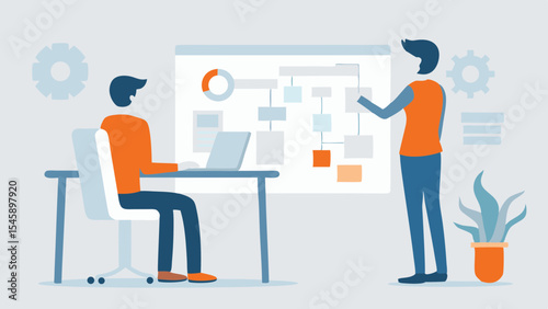 Business meeting presentation with flow chart and pie chart teamwork and collaboration in the office