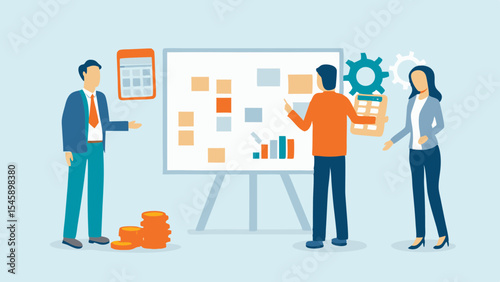 Business team discussing financial strategy analyzing data and planning for success with charts and graphs on whiteboard