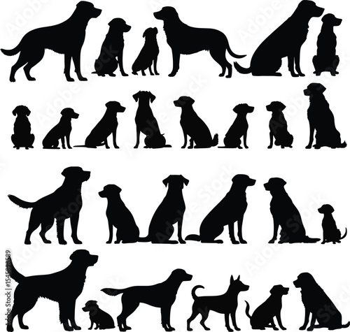 American dog breed, puppy or black pet animal silhouette collection isolated on white background. Standing, running and hunting dog icon or symbol. Happy playful wild dog silhouette art with paw sign.