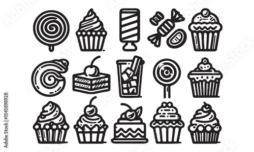  Set of Sweets, Candy and Desserts Icon line art silhouette vector illustration on white background 